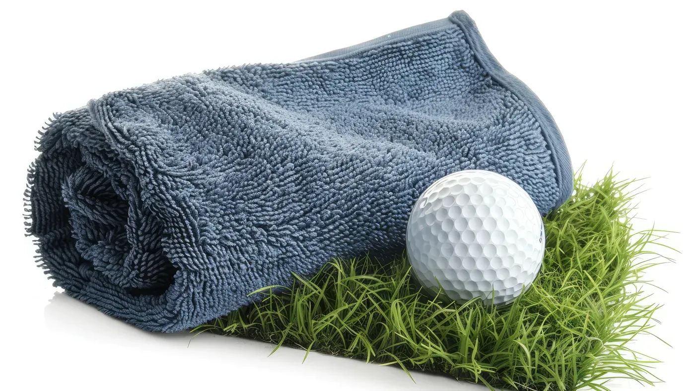 Bästa golfhandduk i blå mikrofiber bredvid en golfboll