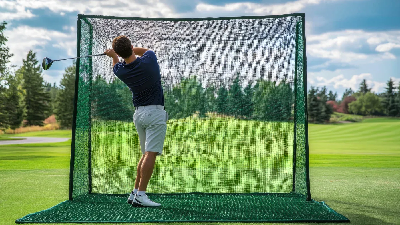 Golfare slår driver mot bästa golfnätet utomhus